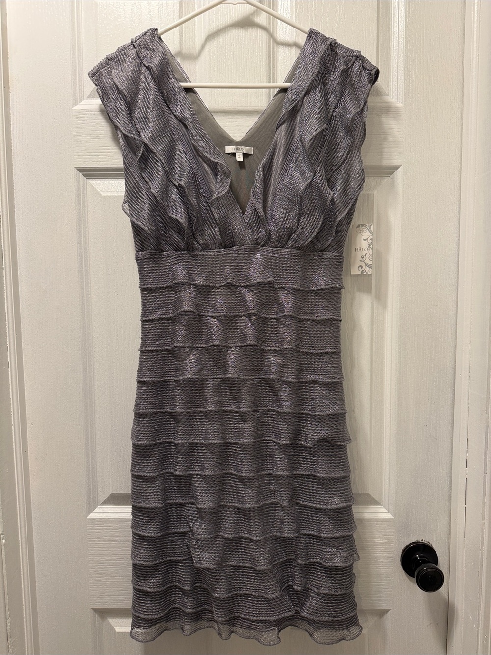 Halo Silver-Gray Ruffled V-Neck Dress